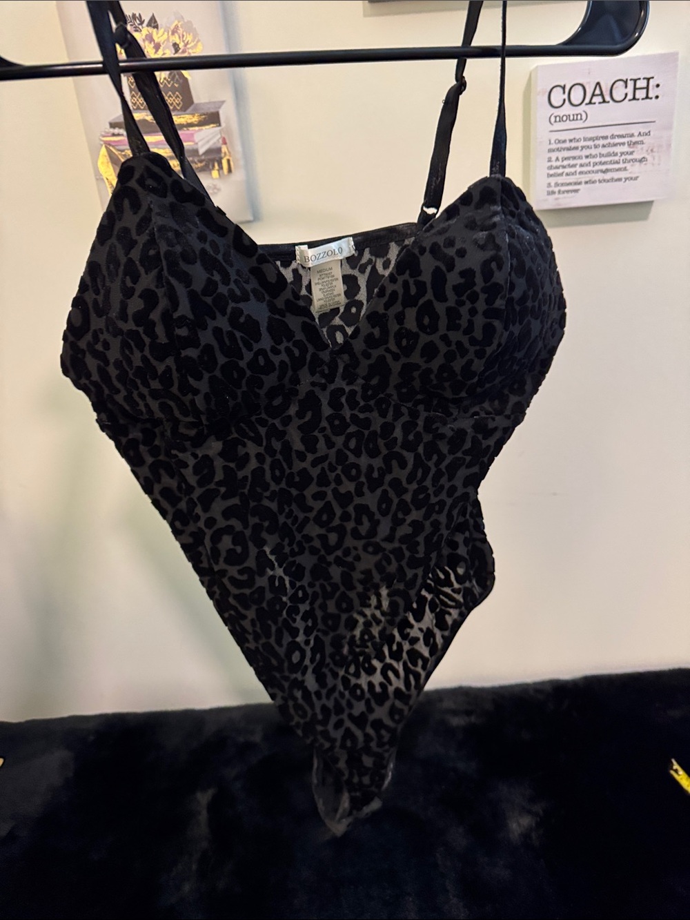 Bozzolo Black Leopard Mesh Bodysuit with Velvet Burnout
